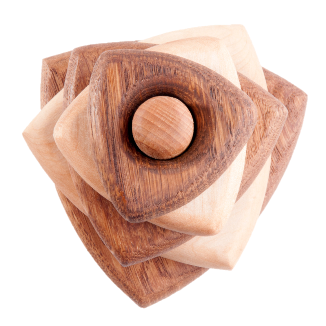 Wooden stacking toy in triangle shape from 2 types of wood